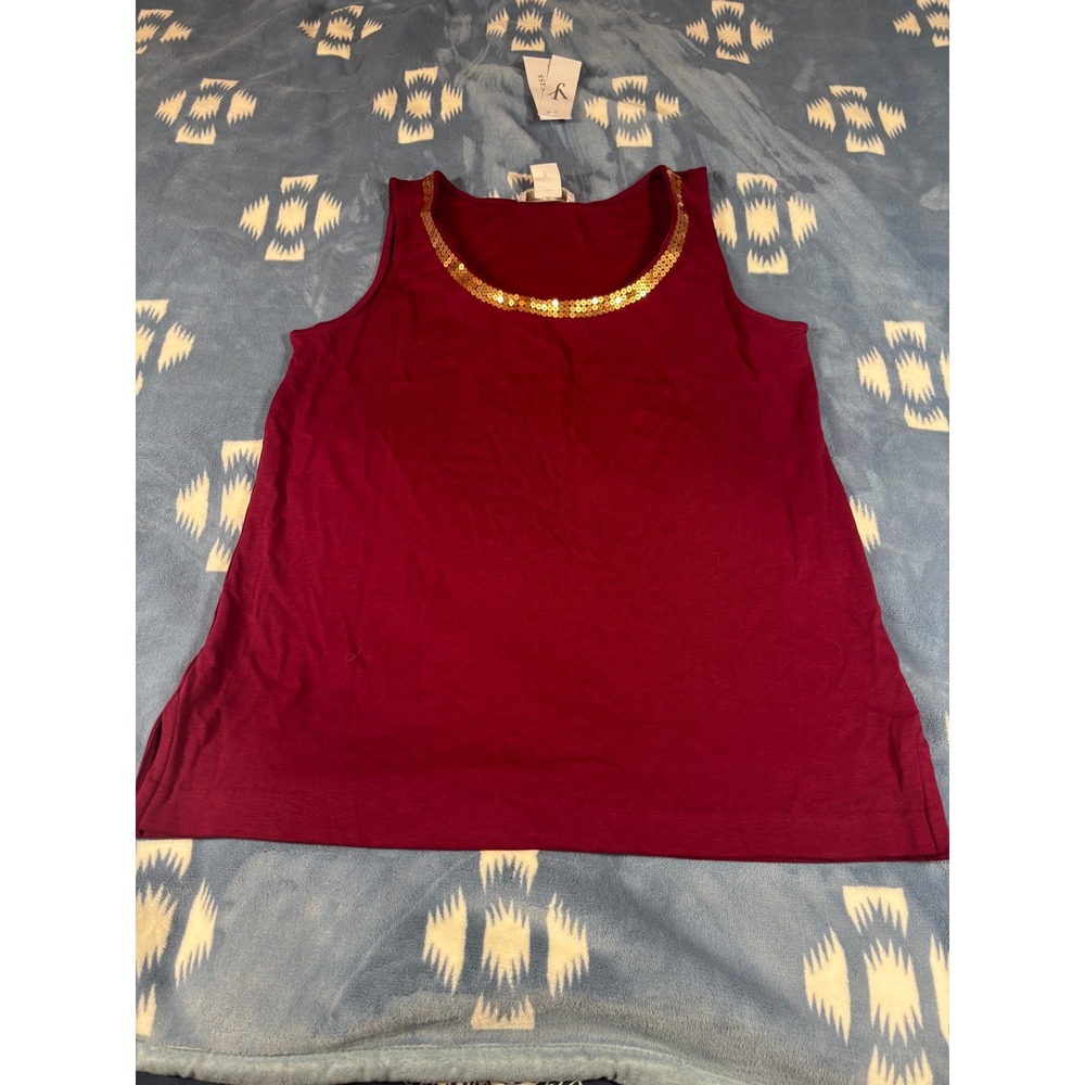 Joan Vass Womens Burgundy Sequin Scoop Neck Cotton Tank Top Size LP/2P NEW